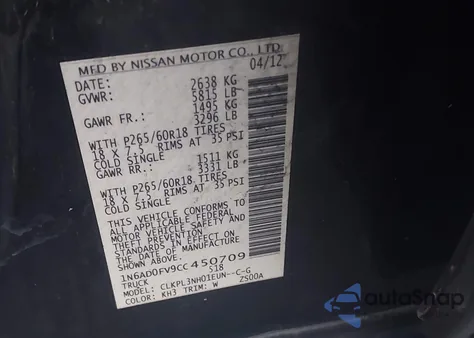 2012 Nissan Frontier Sl из США, поврежденный, VIN 1N6AD0FV9CC450709